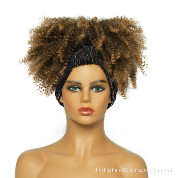 Wholesale Ombre Turban Wrap Wig Afro Wig Short Heat Resistant Kinky Curly Synthetic Wig With Headband Attached For Black Women